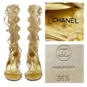 AUTH! CHANEL Metallic Gold Tall Tie Up Gladiator Flat Sandals 36.5